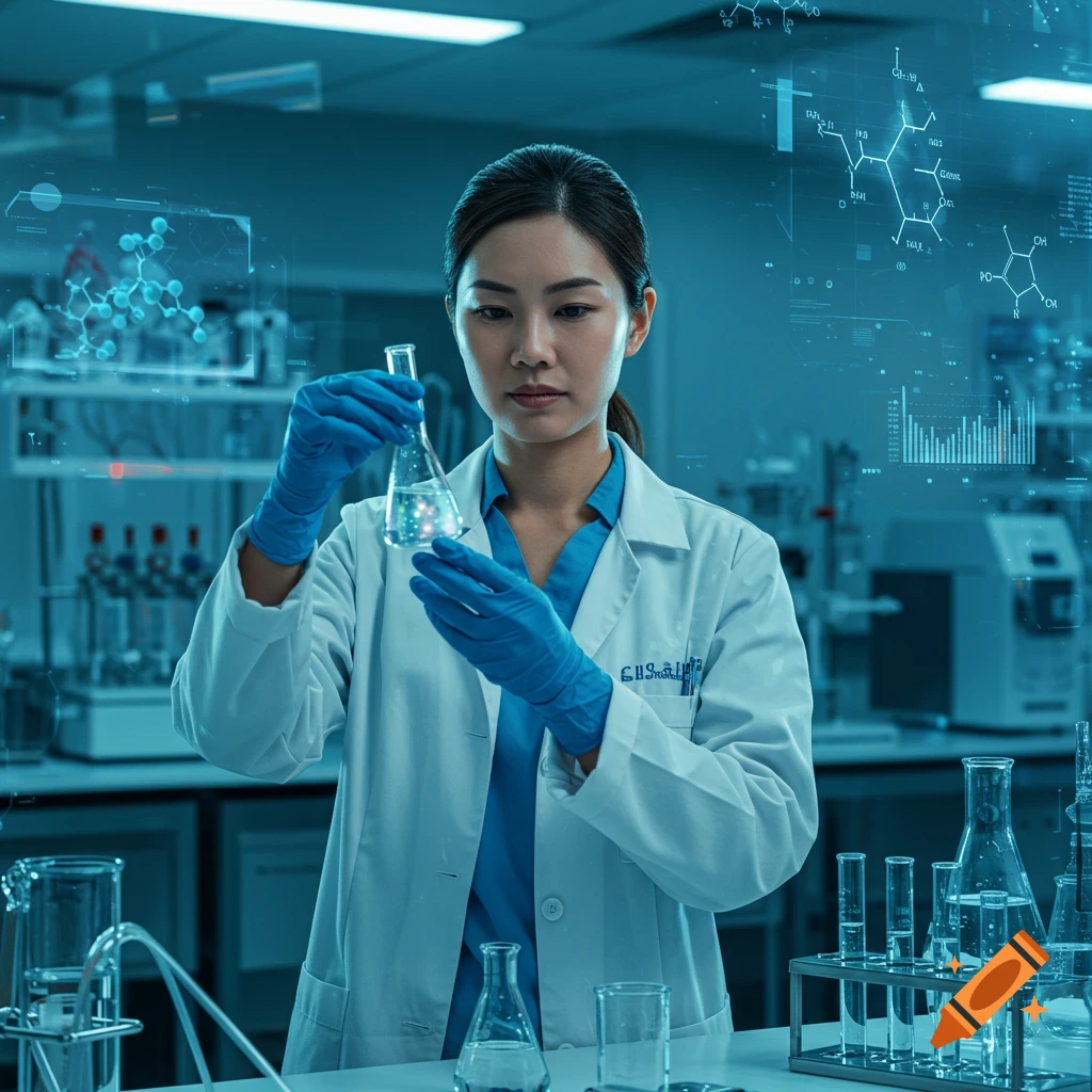 A realistic woman scientist in a lab coat and blue gloves holds a flask, surrounded by futuristic scientific data displays.