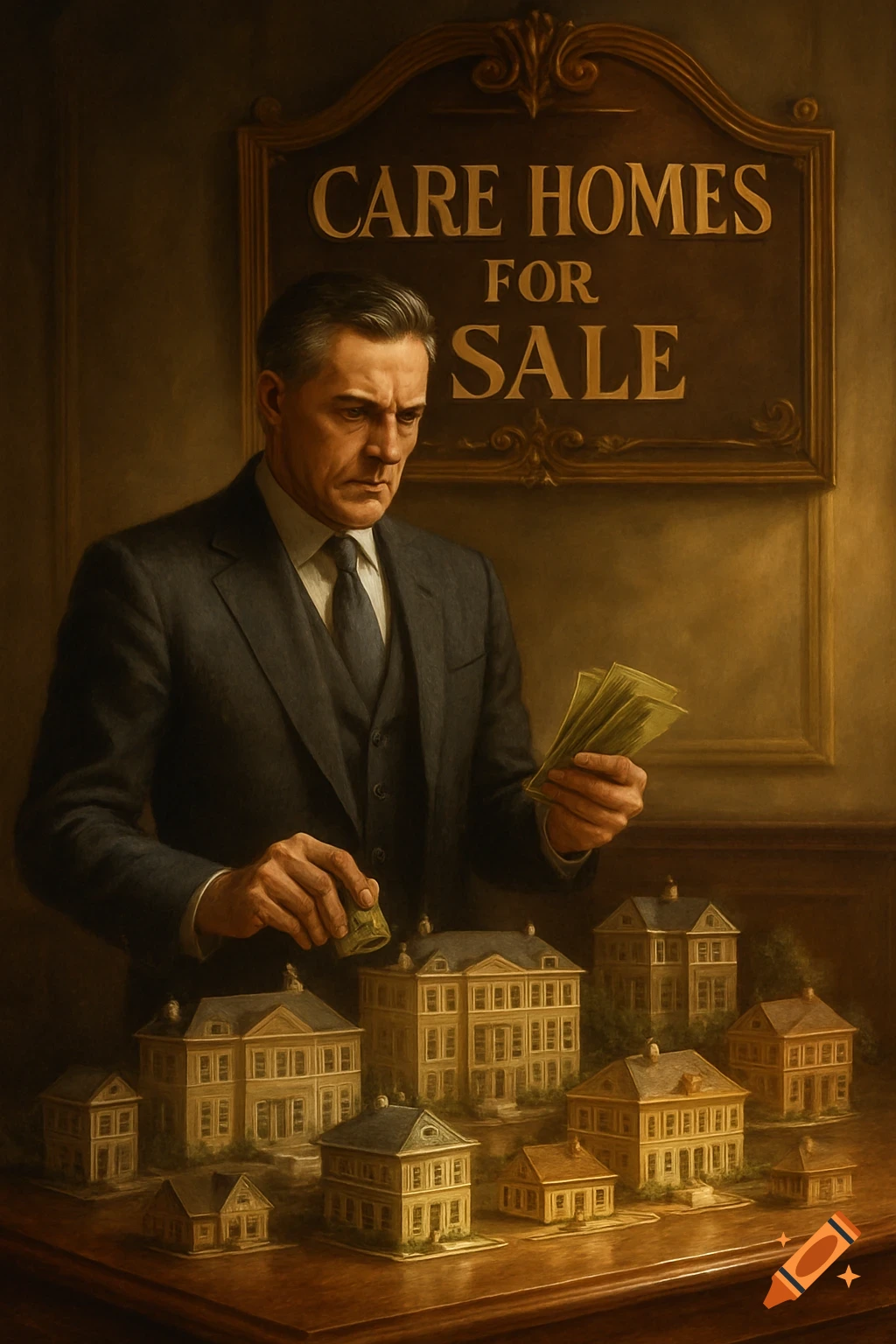 A stern man in a suit holds cash, looking at miniature houses on a table under a 'CARE HOMES FOR SALE' sign. Painted style.
