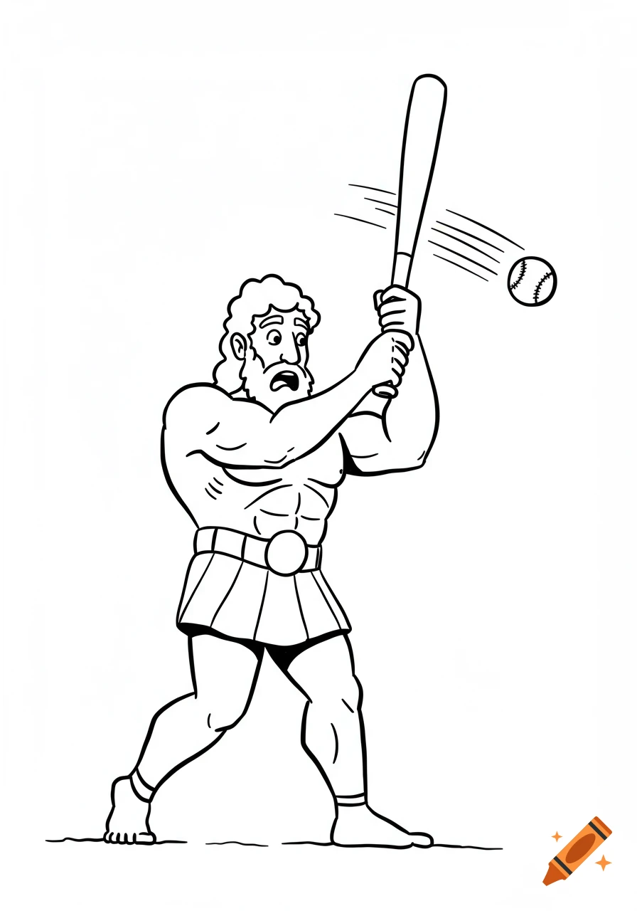 Black and white line drawing of Goliath swinging a baseball bat with a surprised look, having just struck out.