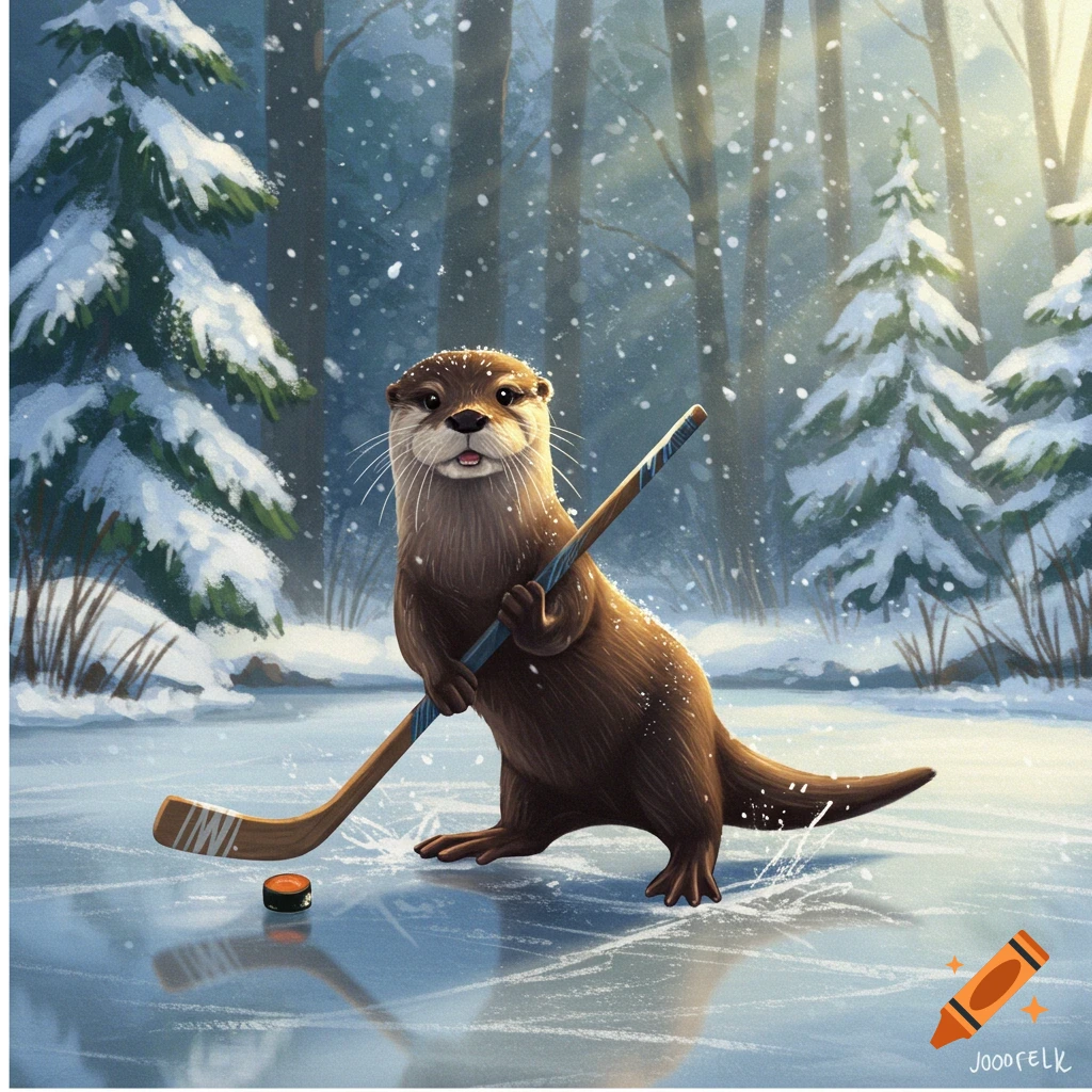 An otter stands on ice in a snowy forest, holding a hockey stick next to a puck.