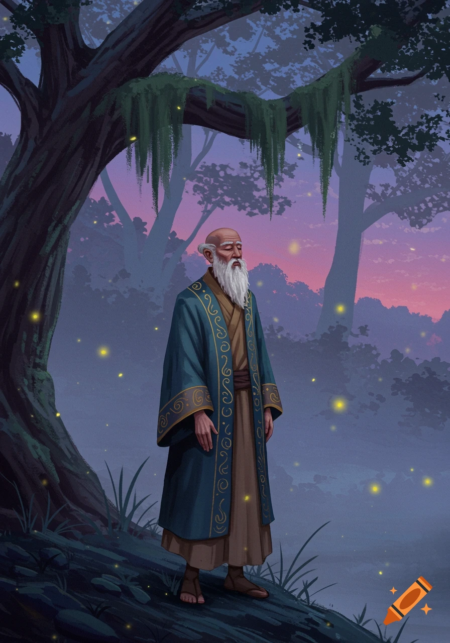 An old man with a long white beard, wearing a teal robe, stands under a large tree in a misty forest at dusk with glowing fireflies.