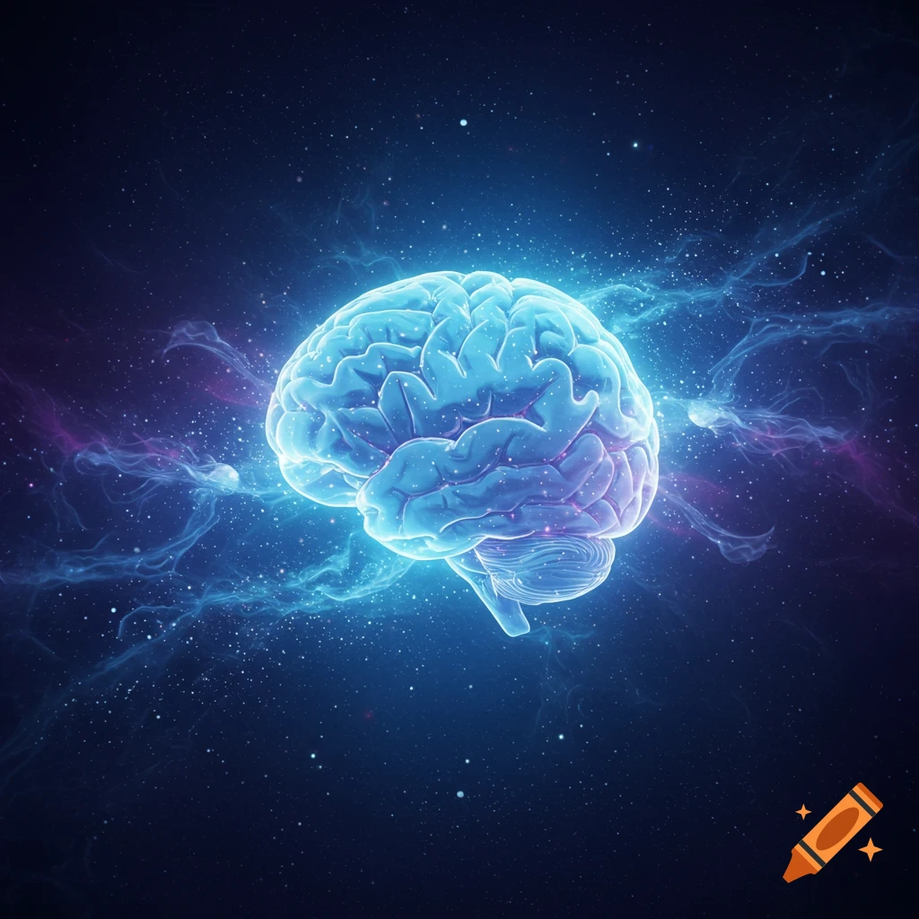 A glowing blue brain surrounded by cosmic dust and nebulous energy in deep space.