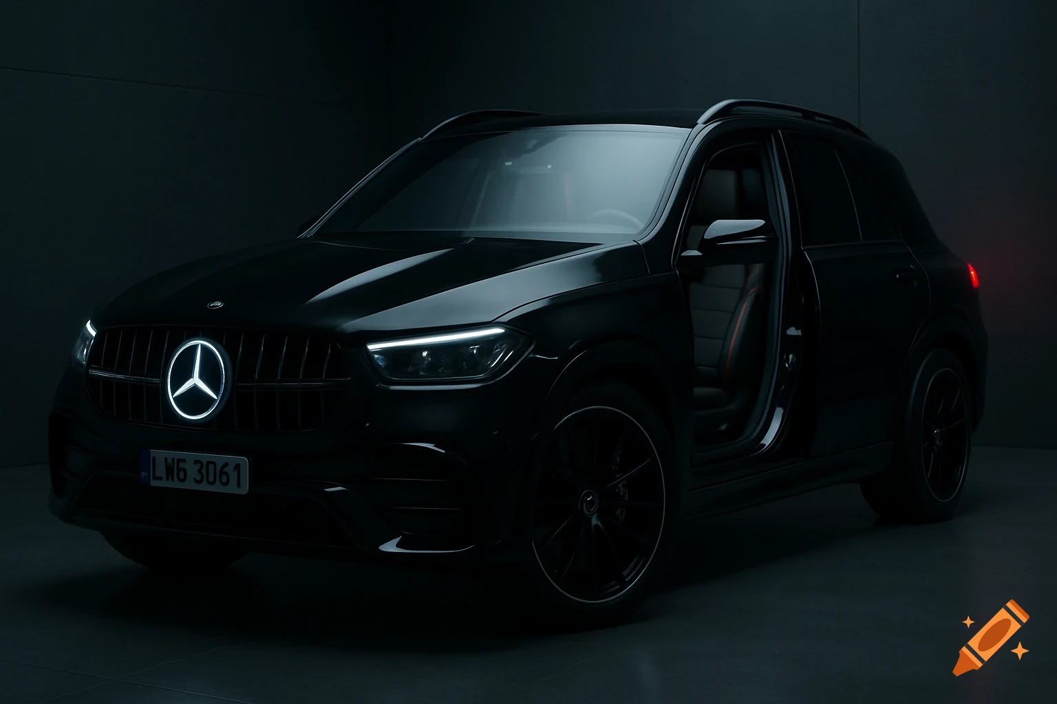 A black Mercedes-Benz GLE AMG SUV with an illuminated emblem and glowing headlights in a dark studio.