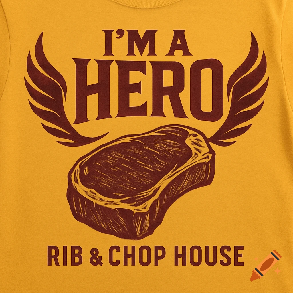 Goldenrod yellow t-shirt with burgundy print featuring 'I'M A HERO', a winged steak, and 'RIB & CHOP HOUSE'.