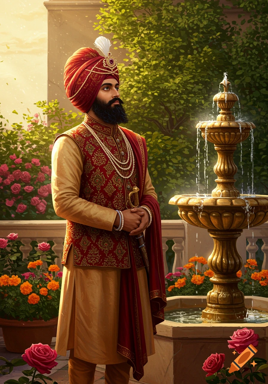 A man in traditional Sikh attire, including a red turban and gold outfit, stands in a lush garden with a stone fountain and blooming roses.