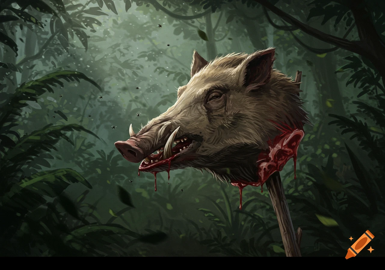 A severed boar's head with blood dripping, impaled on a stick in a dark, lush jungle with flies buzzing. Digital art.