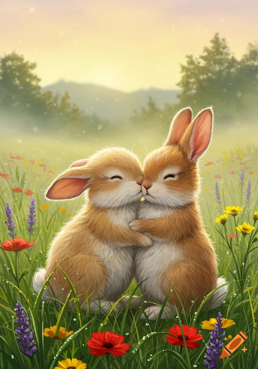 Illustration of two cute bunnies hugging and nuzzling in a green field with colorful wildflowers under a soft sky.
