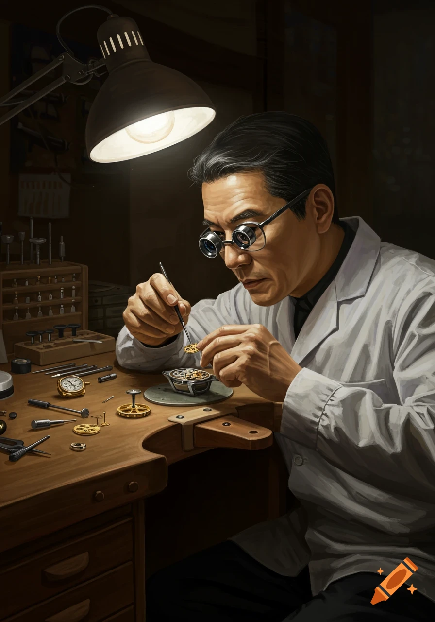 An Asian watchmaker wearing magnifying spectacles works on a watch movement at a wooden workbench under a bright lamp, surrounded by tools.