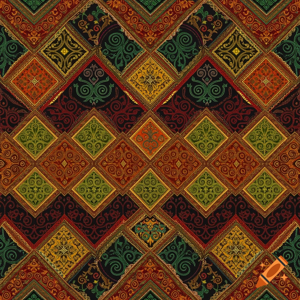 A vibrant Hmong paj ntaub textile pattern with colorful geometric shapes and intricate designs.