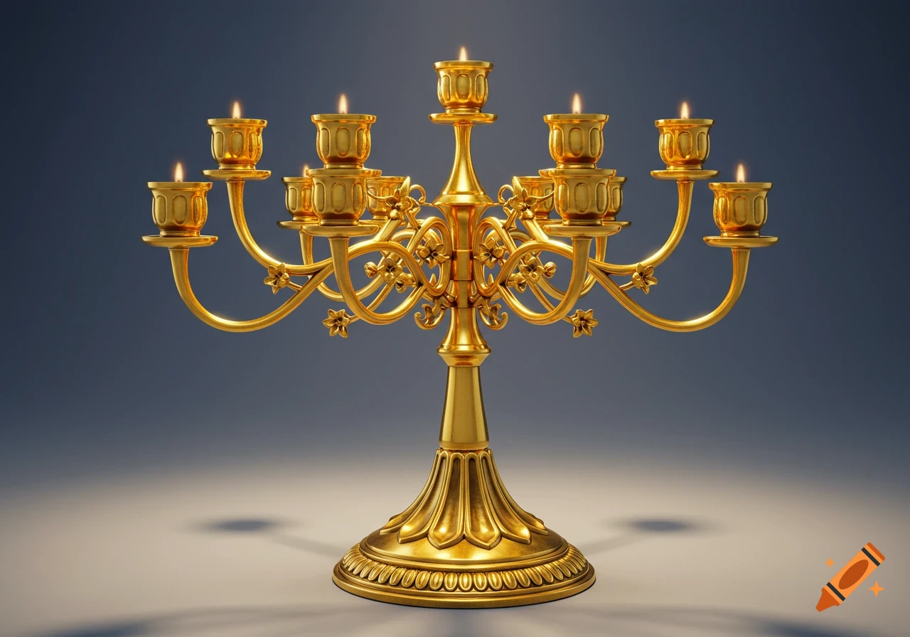 A photorealistic golden candelabrum with seven lit candles, depicted against a dark blue background.