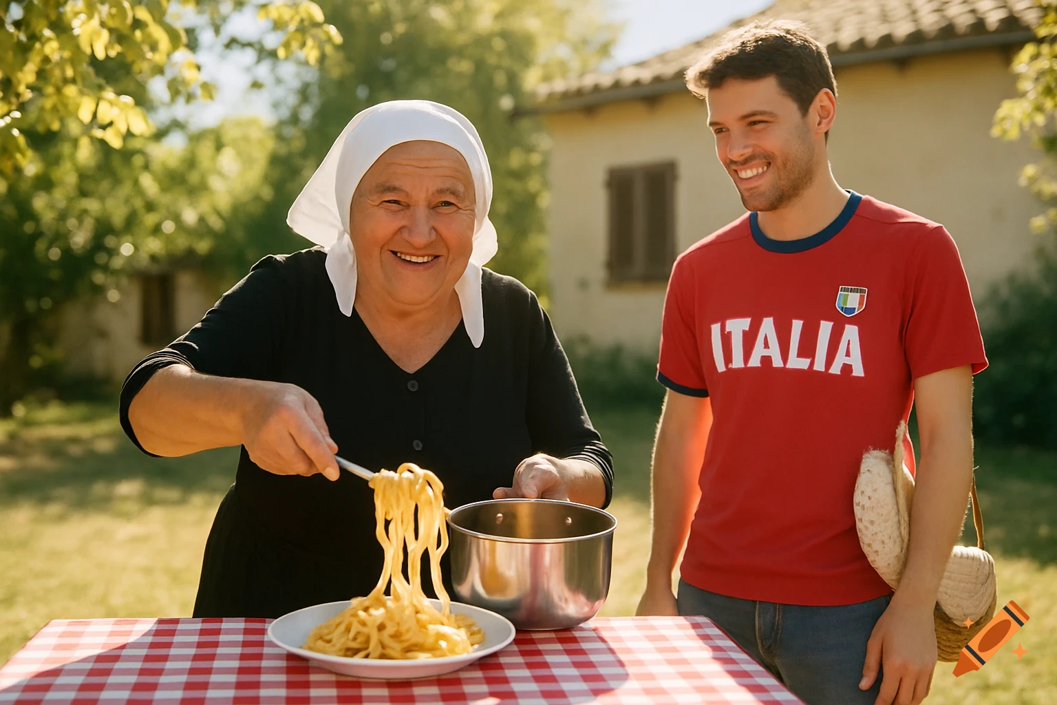 A smiling elderly woman serves pasta outdoors from a pot, while a young man in an "ITALIA" shirt smiles beside her. Photorealistic.