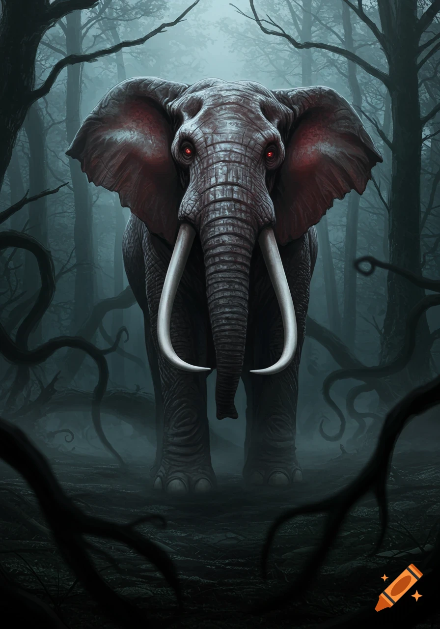 A dark, ominous elephant with glowing red eyes and large tusks stands in a misty, gnarled forest.