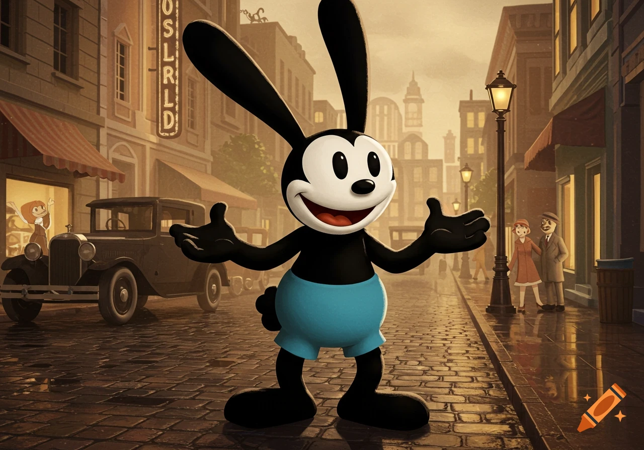 Oswald the Lucky Rabbit stands smiling on a cobblestone street in a vintage cartoon city scene with classic cars and buildings.