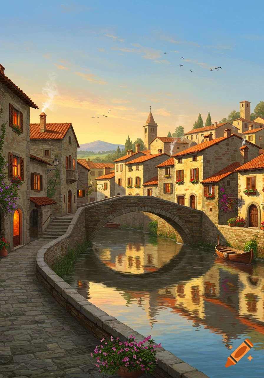 A picturesque Italian village with stone buildings, a bridge over a river, and a cobblestone path under a warm sky.