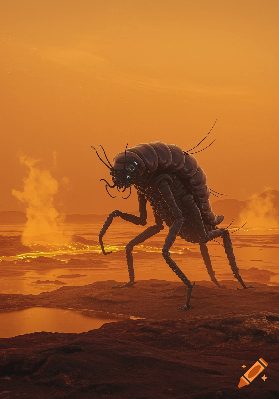 A large, dark, insect-like alien creature with many legs and antennae walks across a rocky, orange-hued alien landscape with glowing liquid pools and a hazy sky.