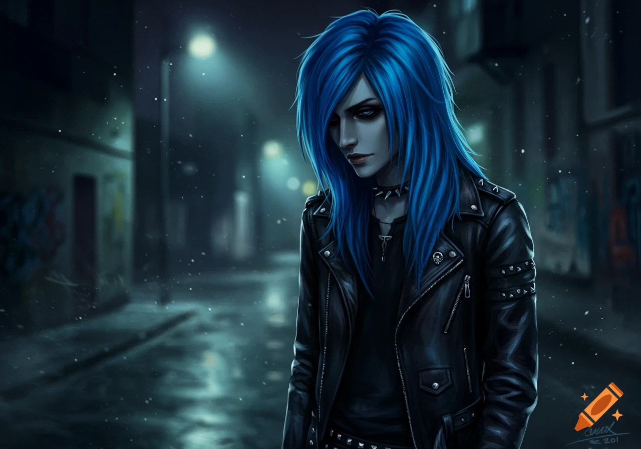 A blue-haired person with dark makeup and a black leather jacket stands in a dark, rainy alley at night, digitally painted.