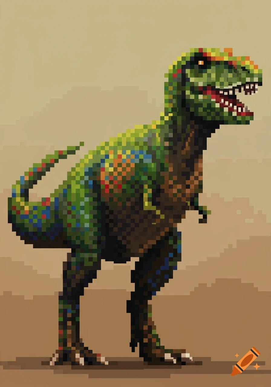 A green pixel art dinosaur with orange, red, and blue accents stands against a light brown background.