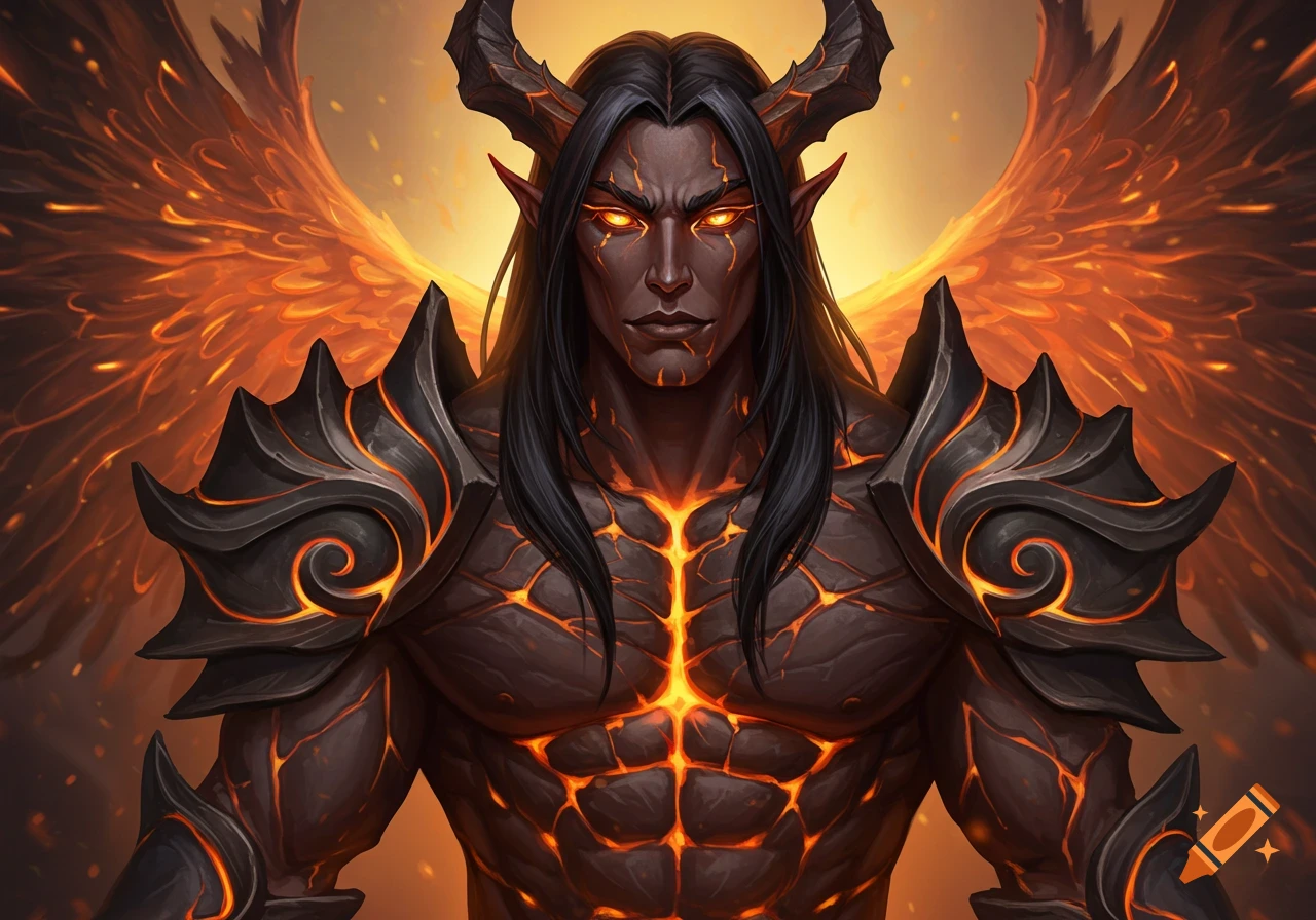 A powerful horned fantasy character with dark skin, glowing eyes, fiery cracks, black armor, and large orange wings.
