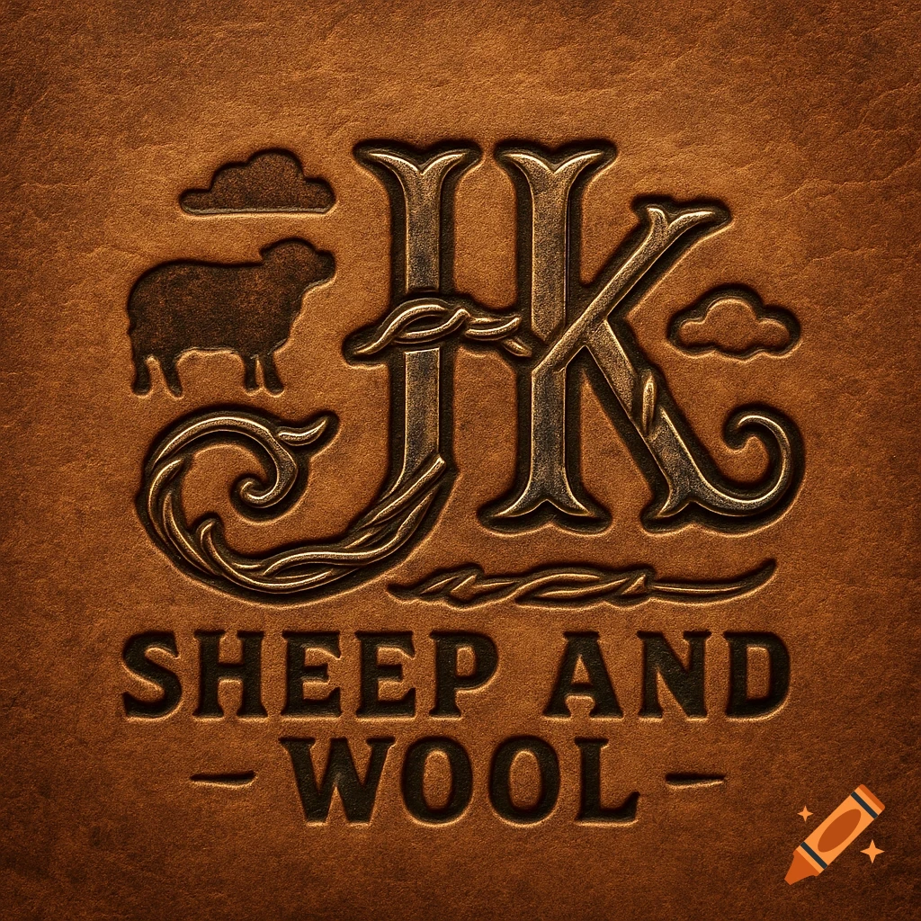A Western-style logo with embossed letters JK, a sheep silhouette, and text 'SHEEP AND WOOL' on brown leather.