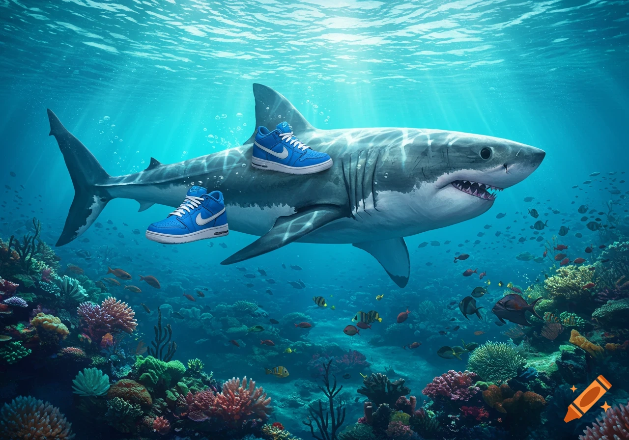 A photorealistic great white shark swims underwater with two blue and white sneakers placed on its back amidst a coral reef.