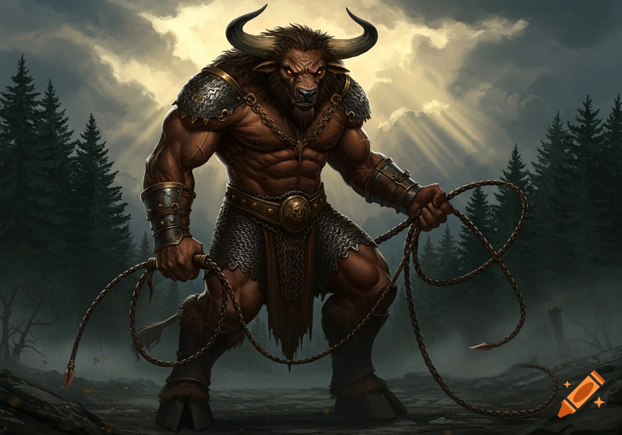 A powerful minotaur with auburn fur and red eyes, wearing chainmail armor, stands holding whips in a forest under a dramatic sky with sun rays.