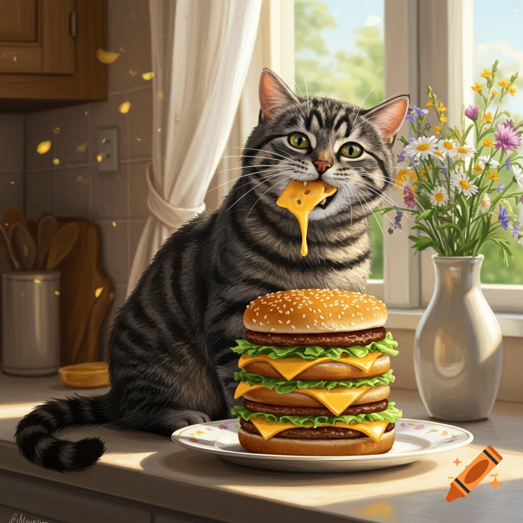 A tabby cat sits on a kitchen counter, holding a piece of melting cheese in its mouth, next to a tall, multi-patty hamburger.