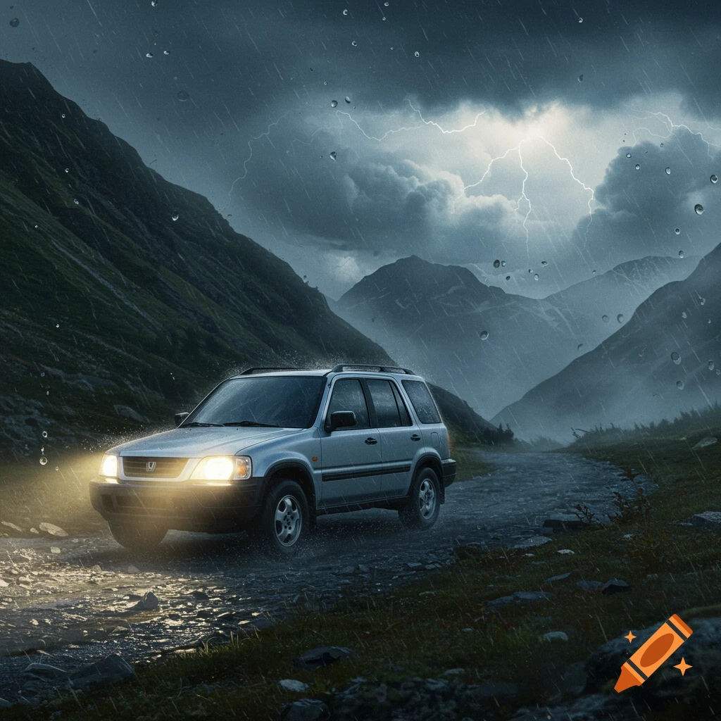 A silver Honda CRV on a dirt road in mountains during a lightning storm and heavy rain. Photorealistic.