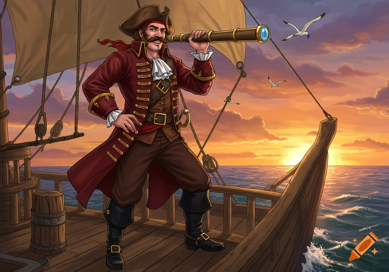 A cartoon-style pirate with a mustache stands on a ship's deck, looking through a telescope at a sunset over the ocean.