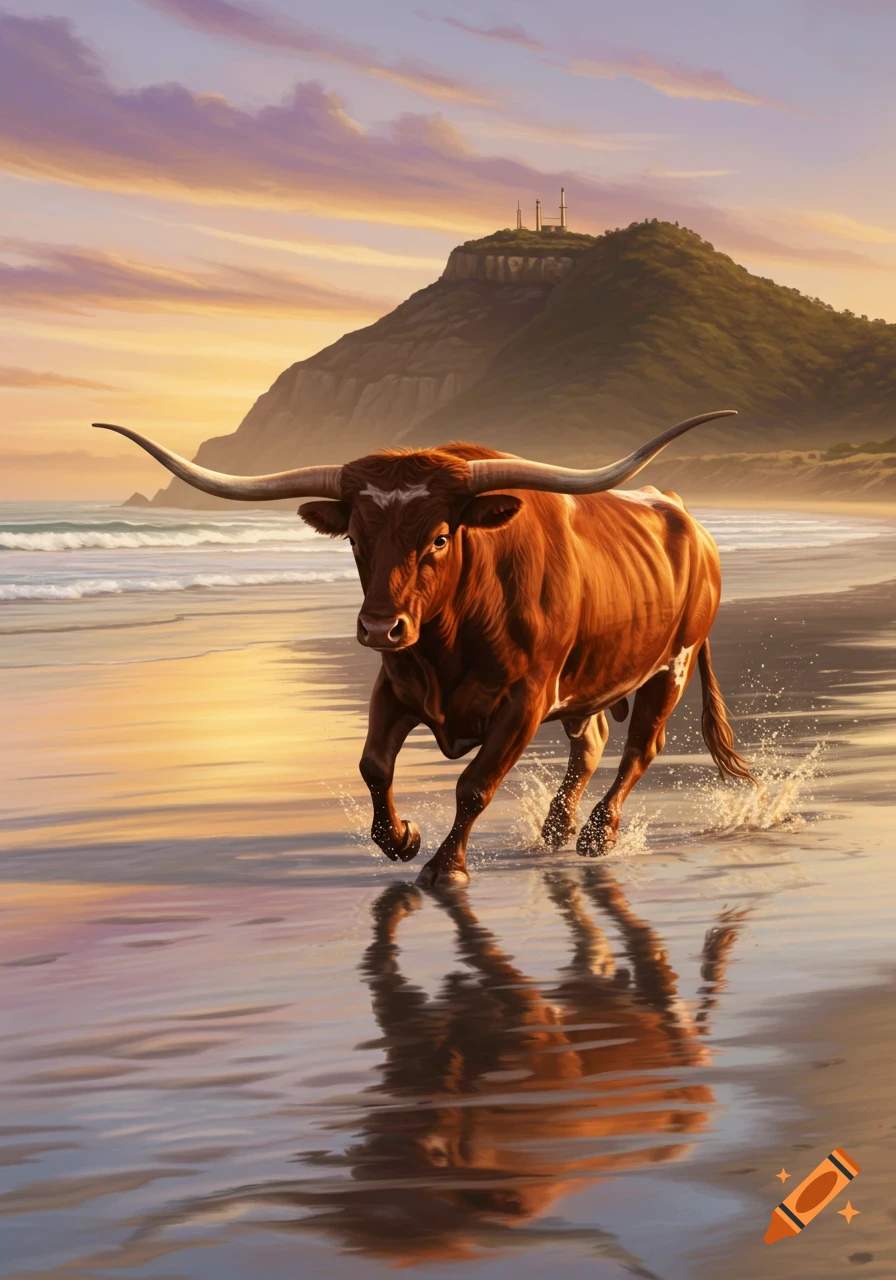 A large brown Texas Longhorn bull runs on a sunlit beach with a mountain in the background.