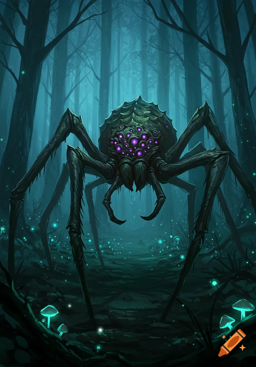 A monstrous dark spider with glowing purple eyes stands on a dark, misty forest floor with glowing blue mushrooms in a digital painting.