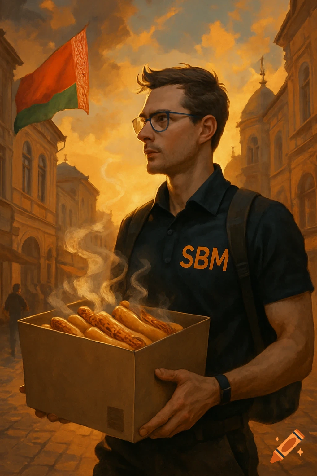 An illustrated man wearing glasses and a black SBM shirt holds a steaming box of hotdogs on a street with a Belarusian flag and buildings in the background at sunset.
