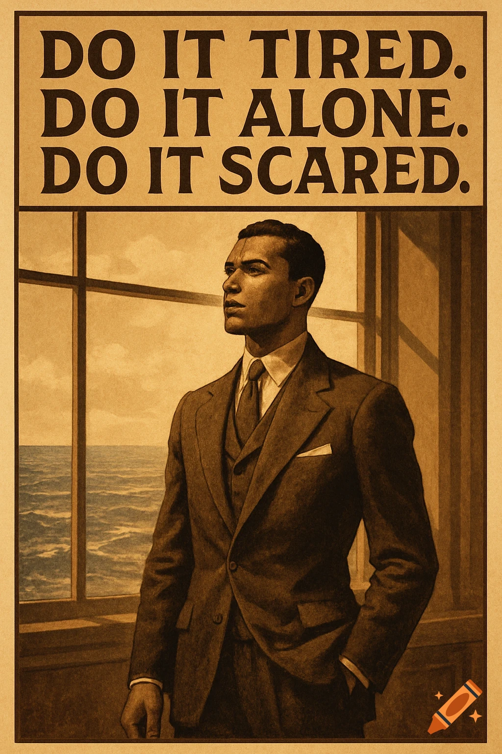 Vintage motivational poster with a man in a suit looking out a window at the ocean, above the text 'DO IT TIRED. DO IT ALONE. DO IT SCARED.'