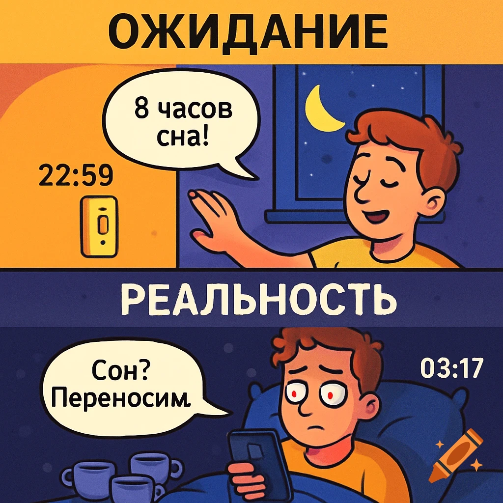 A two-panel comic contrasting sleep expectations versus reality. The top panel, 'EXPECTATION', shows a man happily going to bed at 22:59, saying '8 hours of sleep!'. The bottom panel, 'REALITY', shows the same man tired and wide-eyed at 03:17, surrounded by coffee cups, staring at his phone, with a thought bubble saying 'Sleep? Reschedule.'
