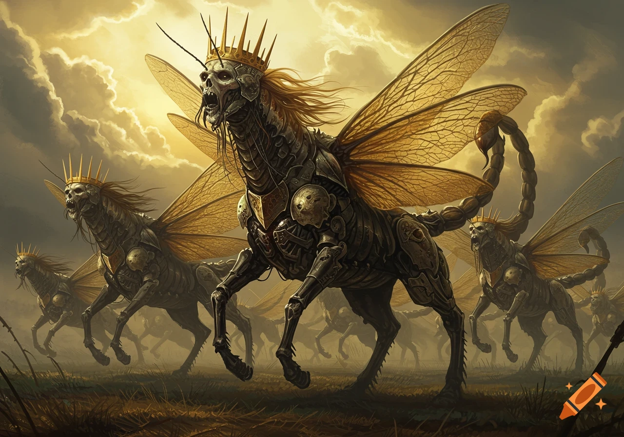 Fantasy creatures resembling skeletal horse-locust hybrids with crowns, insect wings, and scorpion tails, run through a misty, golden landscape.