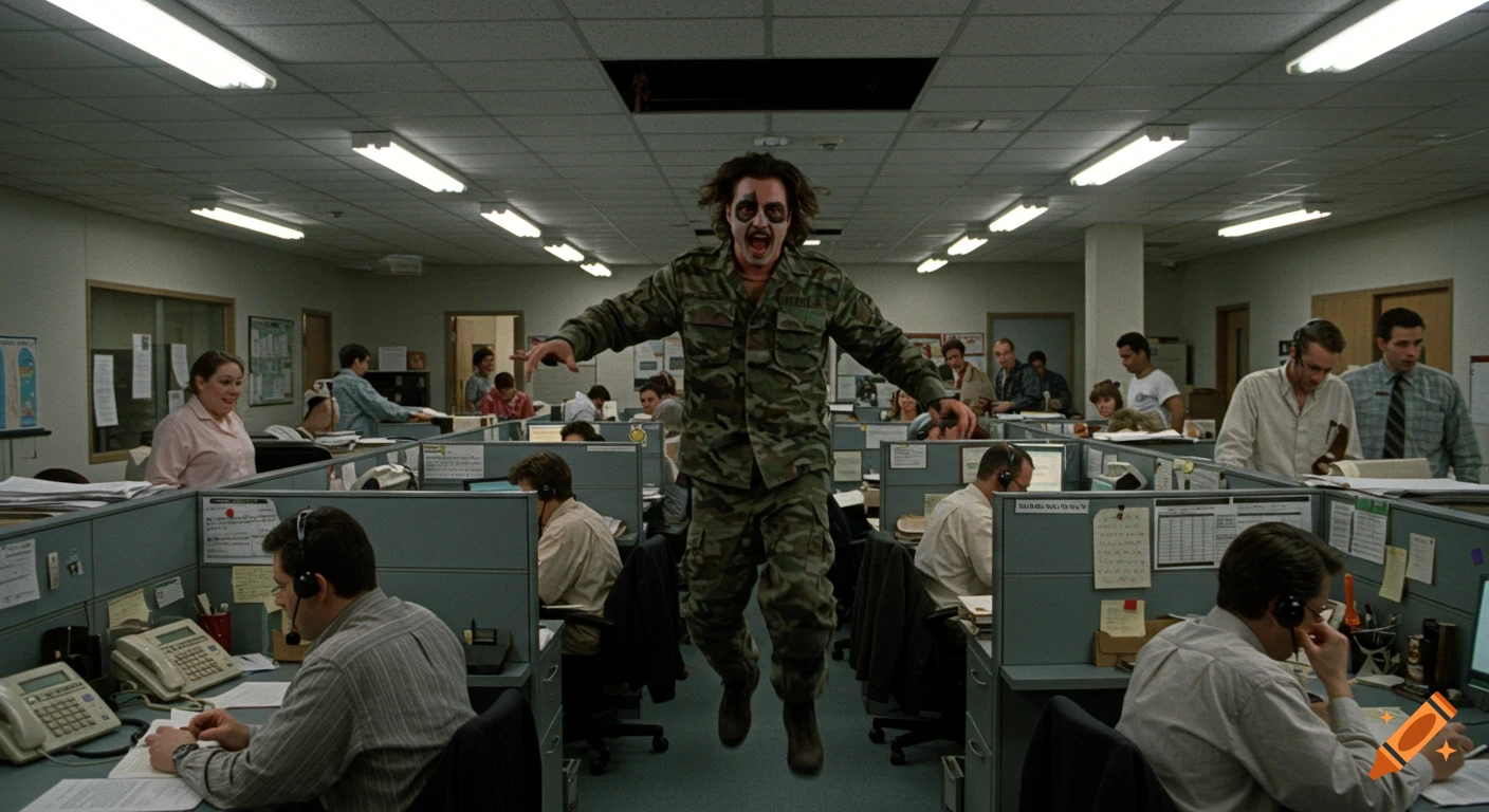 A man in camouflage uniform and black face paint drops through a ceiling tile into a chaotic 2000s office with cubicles and fluorescent lighting, surrounded by working employees.