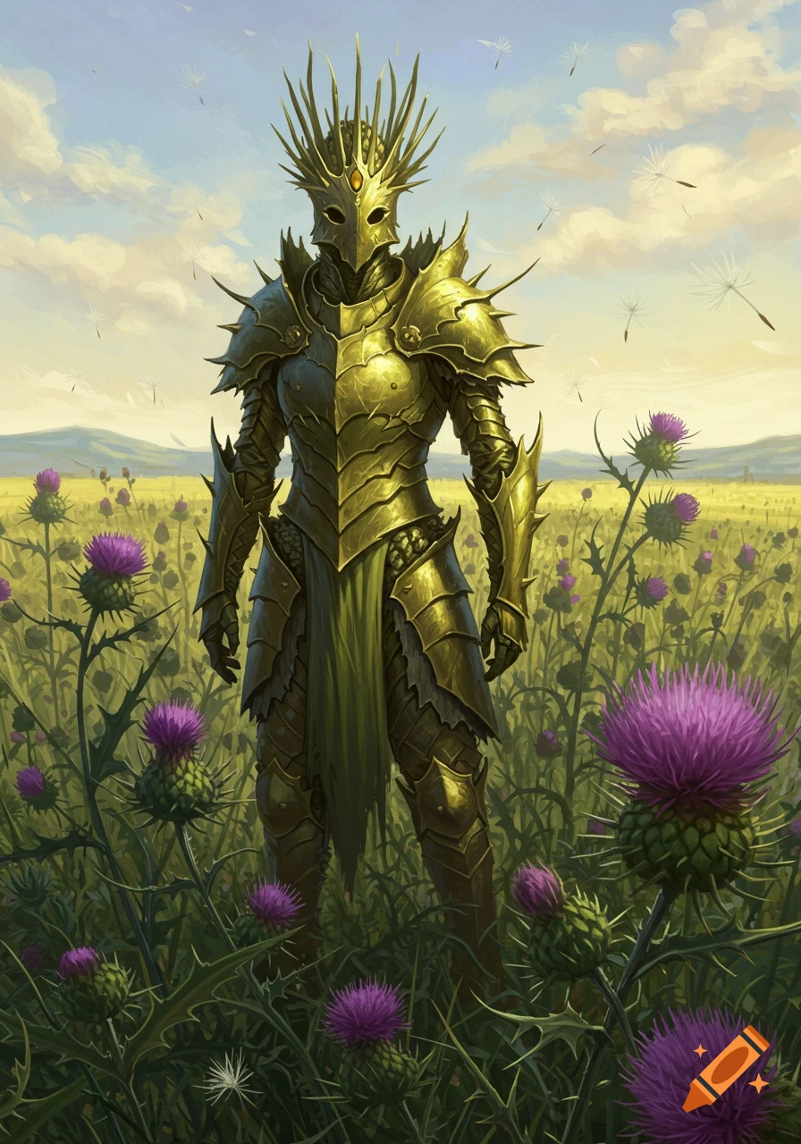 A fantasy illustration of a golden armored warrior with a spiky crown standing in a field of purple thistles under a blue sky.