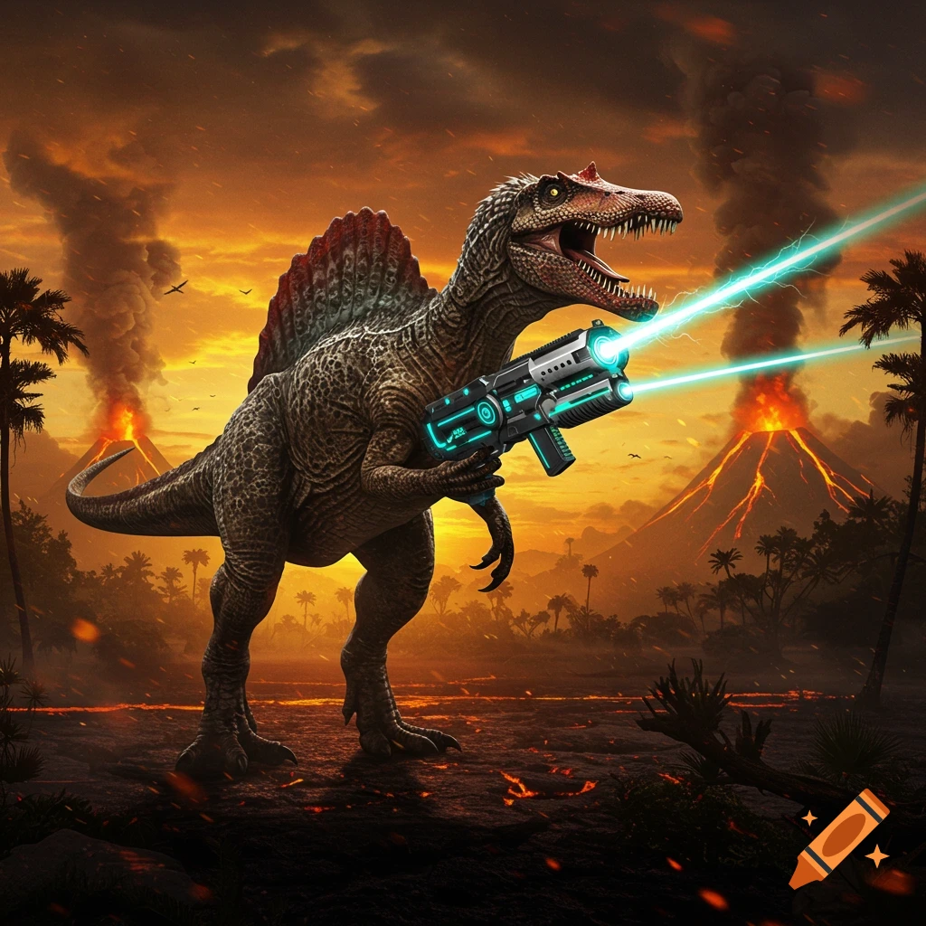 A Spinosaurus dinosaur wields a glowing blue laser gun in a volcanic landscape with erupting volcanoes and an orange sky.