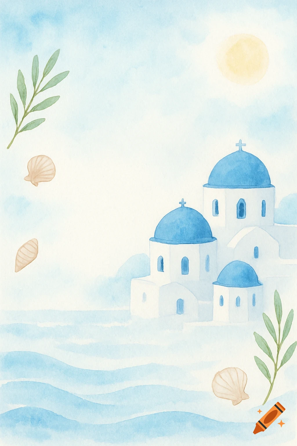 Minimalistic watercolor illustration of white buildings with blue domes, ocean waves, olive branches, seashells, and a soft sunny sky, inspired by Greece.