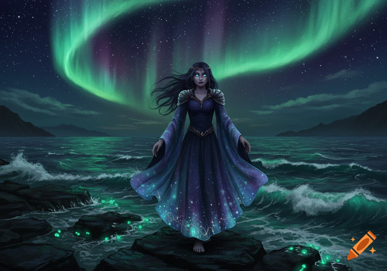 A dark-haired woman in a flowing, star-dusted purple dress stands on a rock by a teal ocean under a green aurora borealis sky.