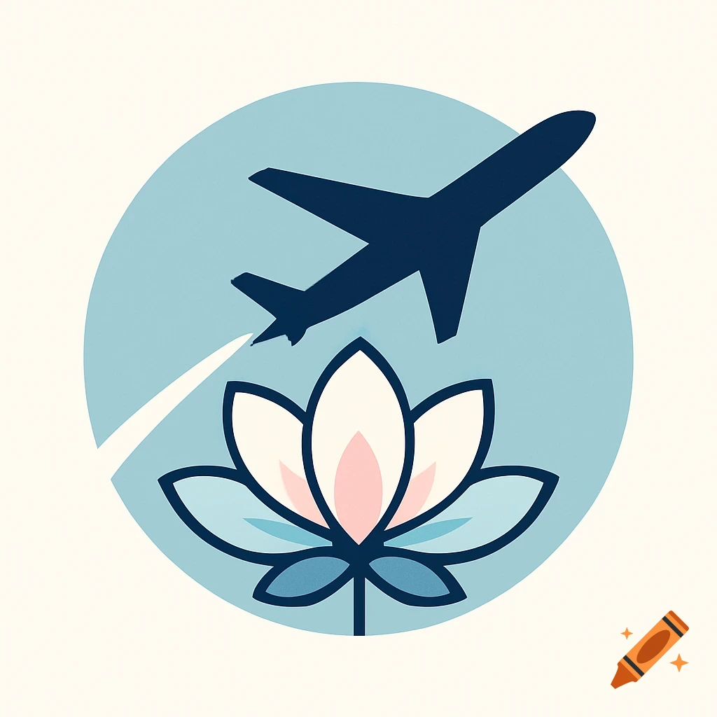 A stylized travel logo featuring a dark blue airplane flying over a white and pink lotus flower, all contained within a light blue circle.