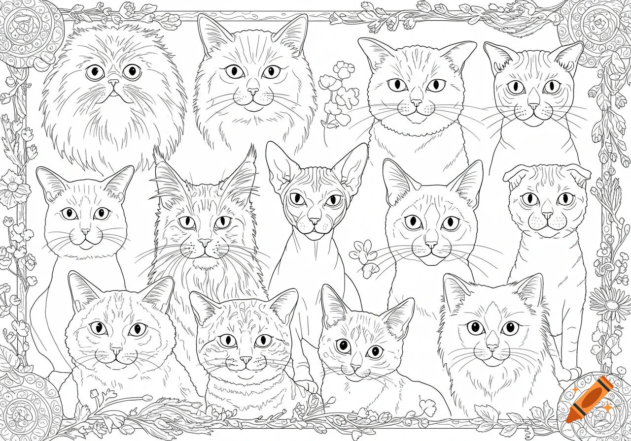 Black and white children's coloring book page with twelve detailed portraits of various cat breeds within a decorative border.