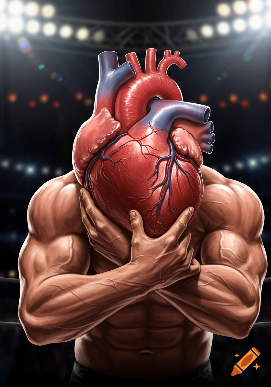 A detailed illustration of a muscular torso holding a large, anatomically correct human heart, set in a dimly lit stadium.