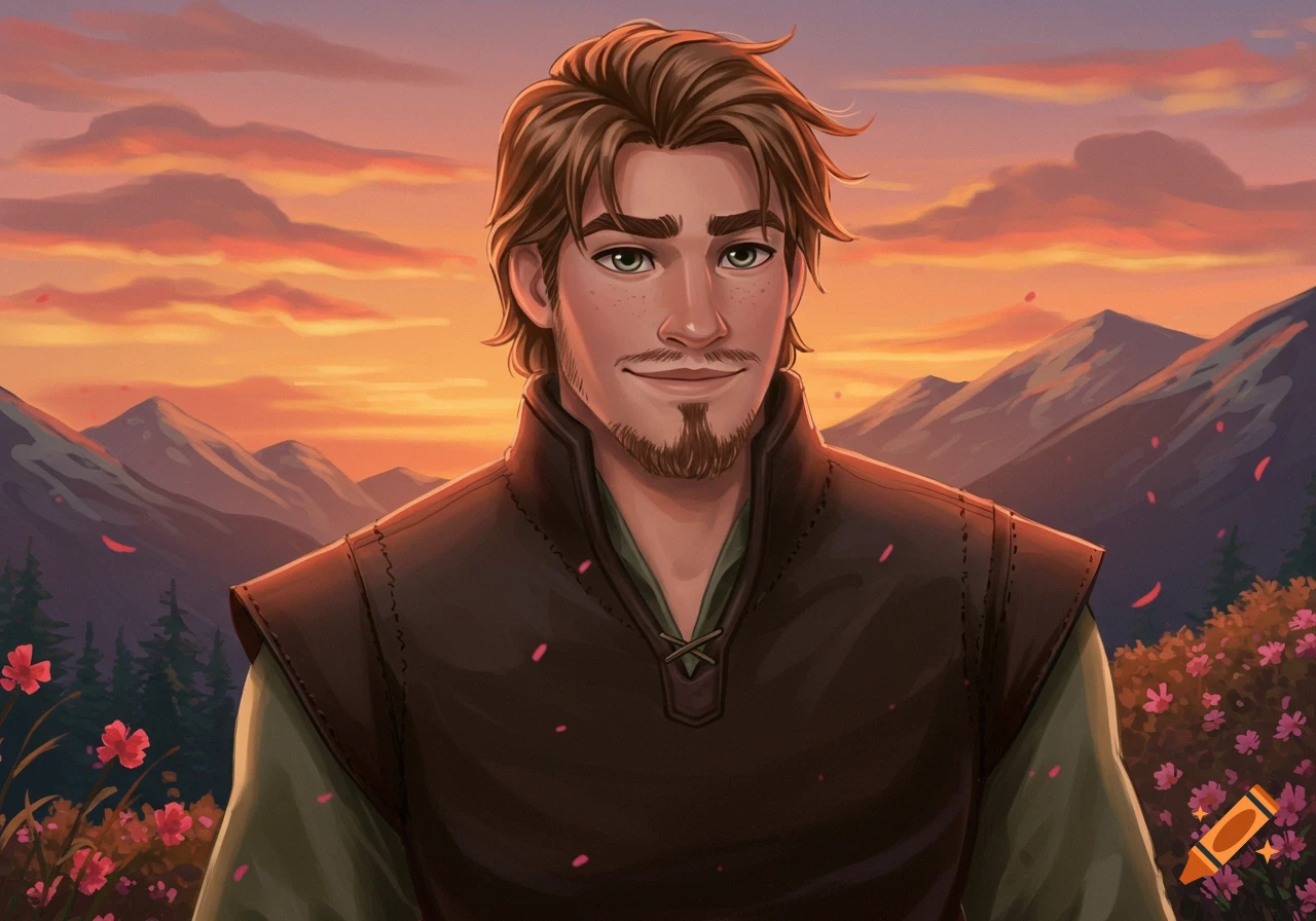 A cartoon-style portrait of a smiling man with brown hair and a goatee, standing in a field of flowers with mountains and a sunset in the background.