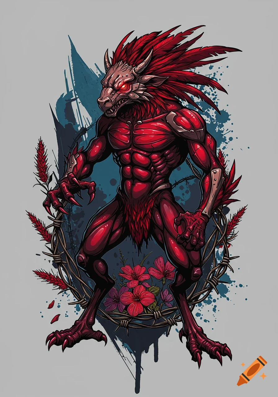 Illustrative art of a red, muscular monster with horns and sharp claws, framed by barbed wire and red flowers on a gray background.
