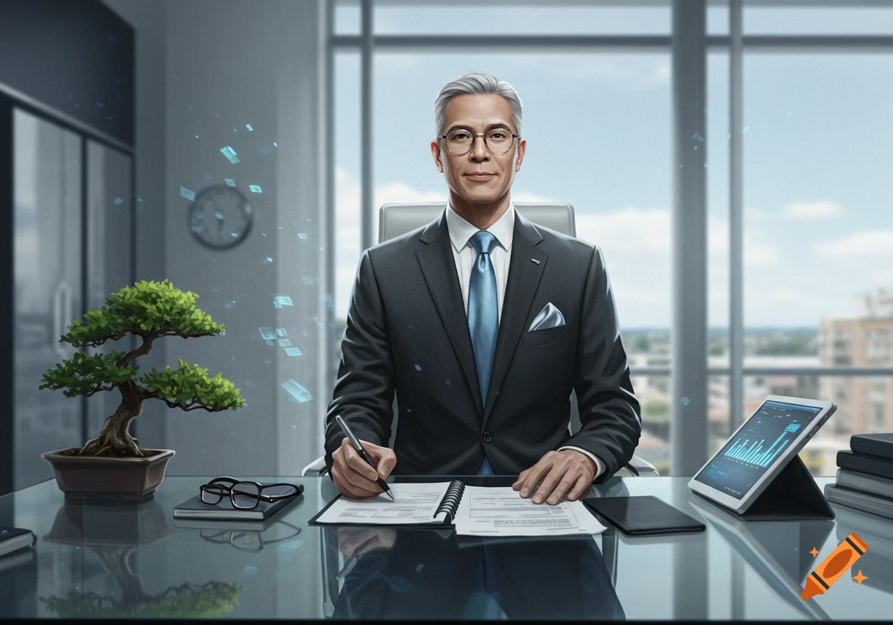 A business professional in a suit sits at a desk in a modern office, writing in a notebook. Photorealistic style.
