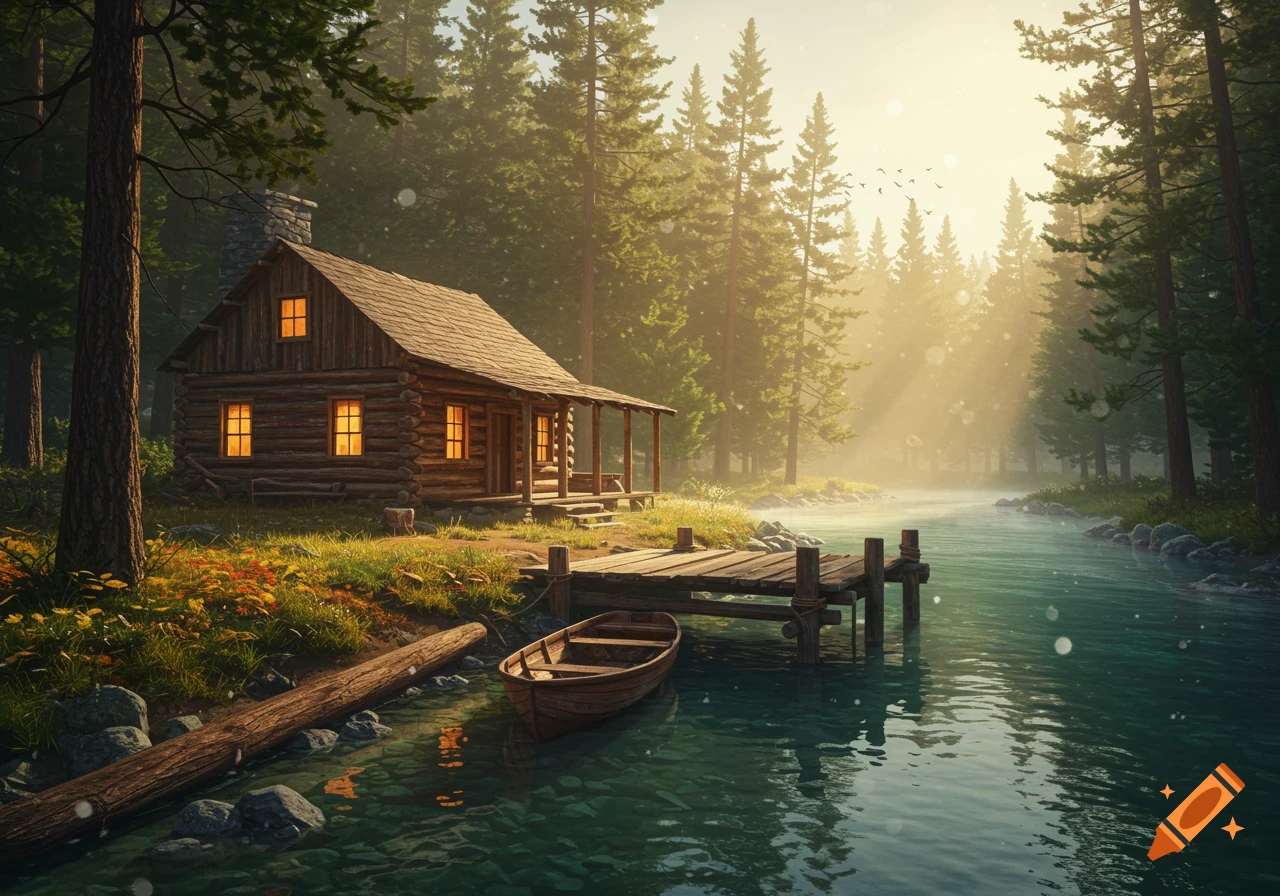 Photorealistic log cabin with glowing windows on a riverbank with a dock, surrounded by a sunny, dense pine forest.