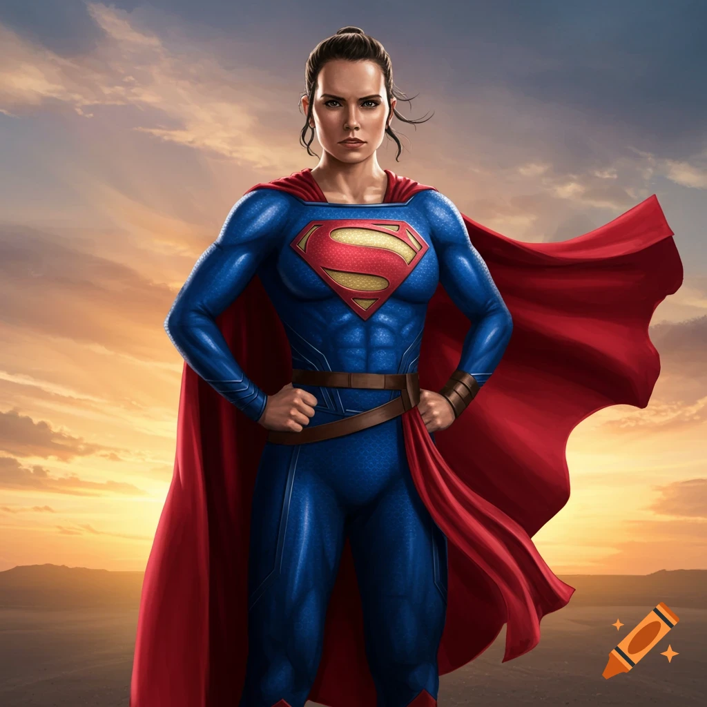 A woman in a blue and red Superman suit with a cape stands against an orange sky.