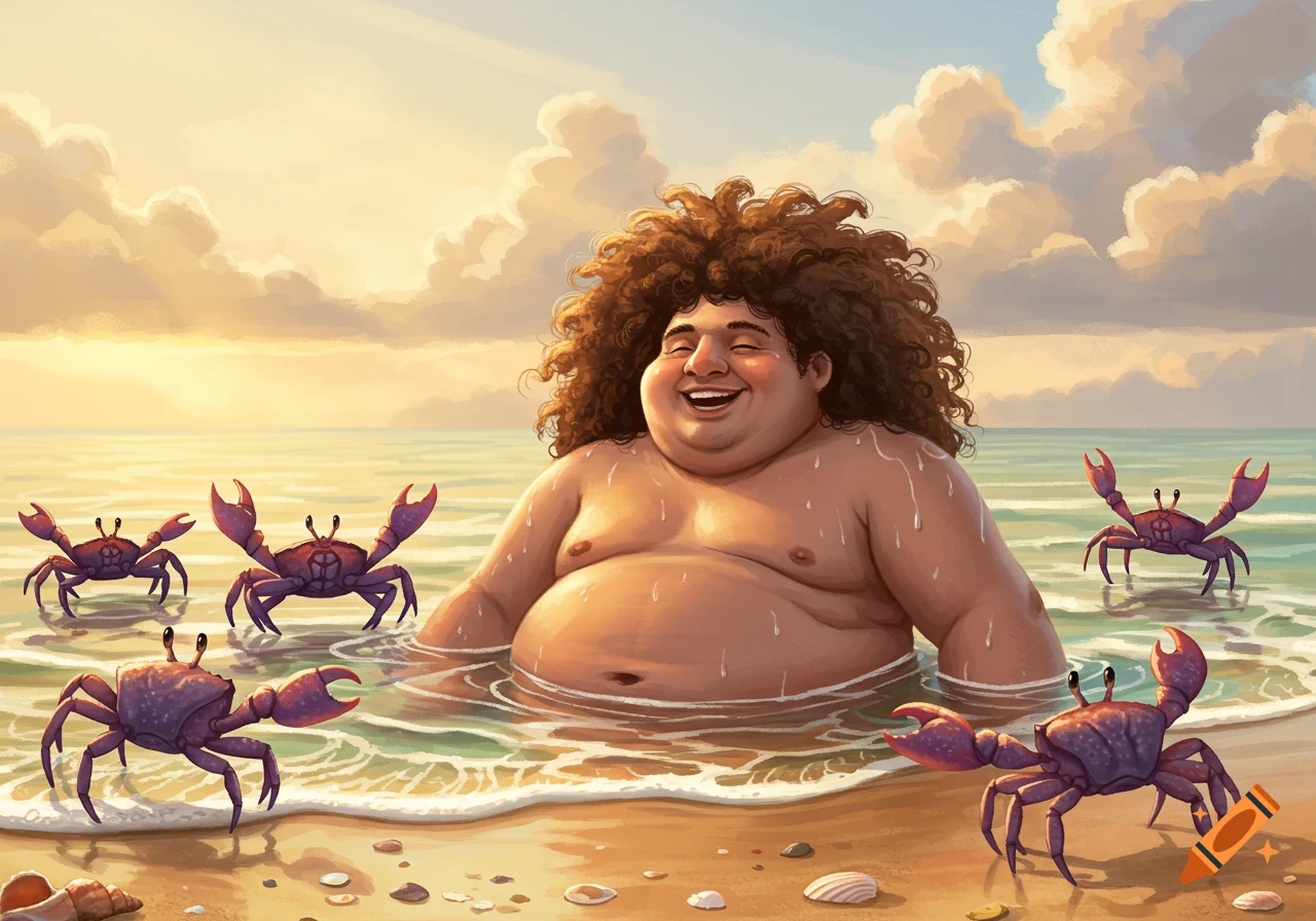 A cheerful, heavy-set man with curly hair sits in the ocean at a sandy beach with several purple crabs around him in a colorful cartoon illustration.