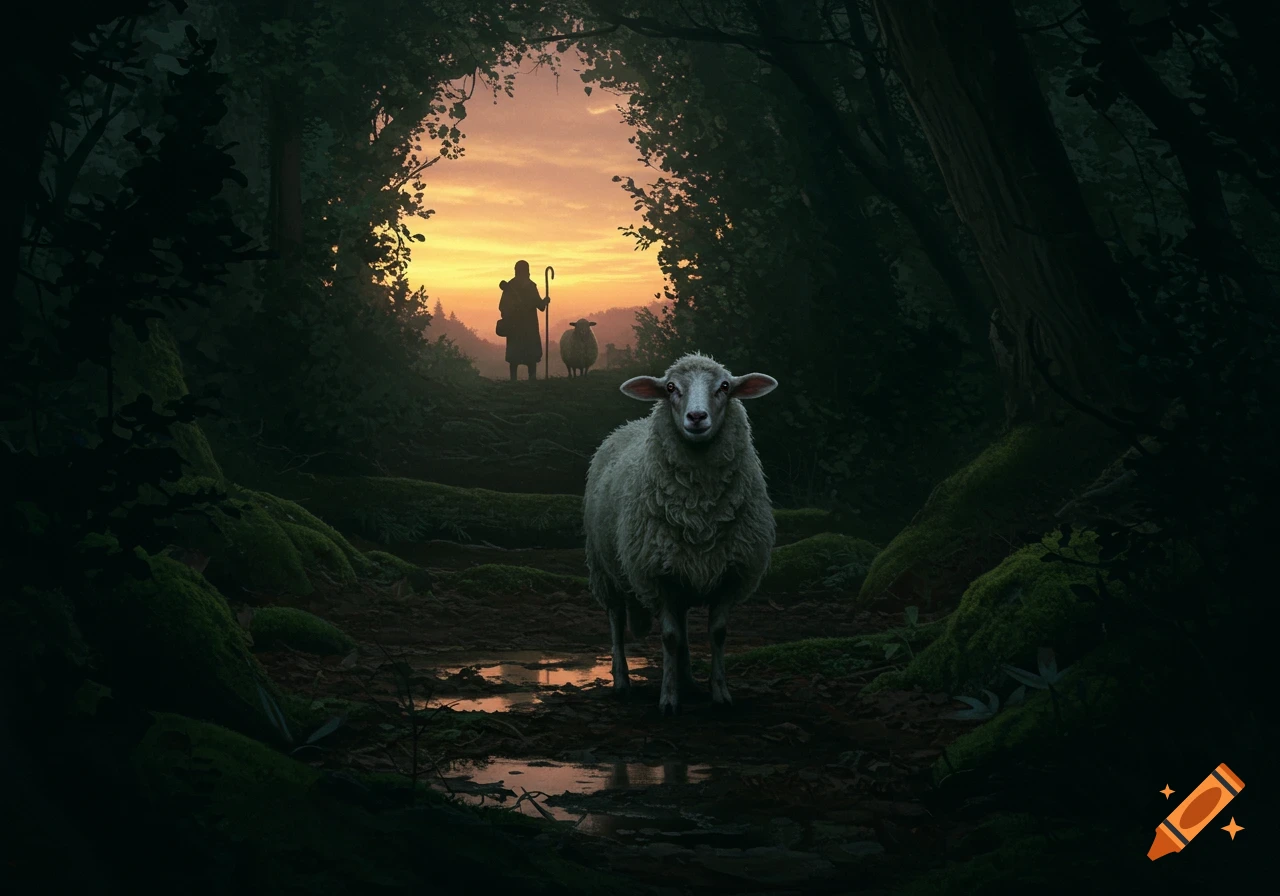 A sheep stands on a muddy path in a dark forest, looking towards the viewer. In the background, a shepherd and another sheep walk towards a bright orange sunset.