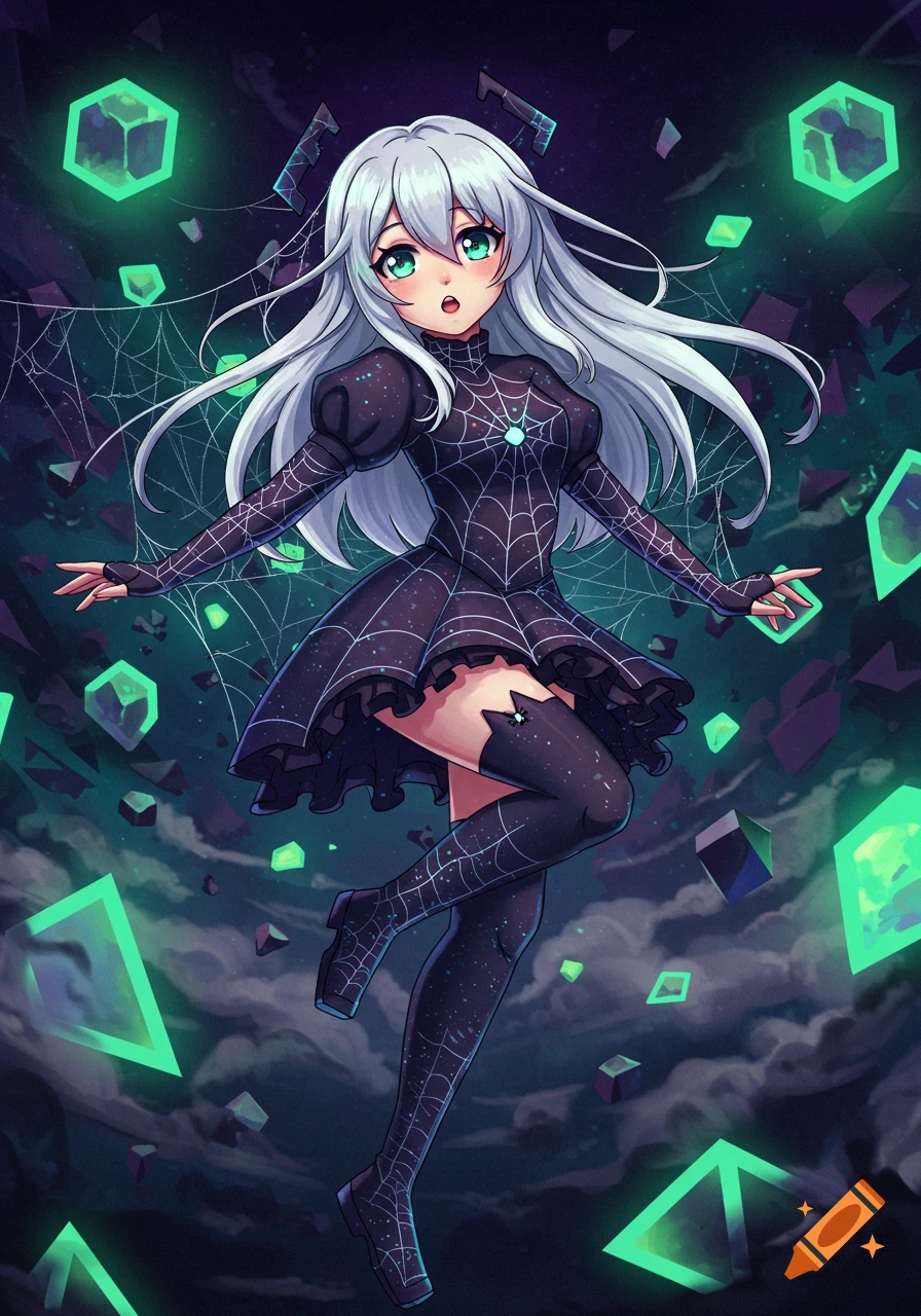 Anime girl with white hair in a black spiderweb dress floats among glowing green geometric shapes in a dark, cloudy background.